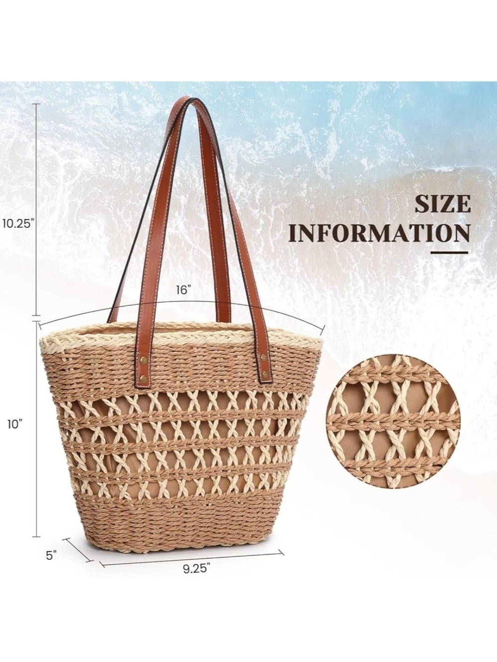 Woven Straw Tote Bag with Brown Leather Handles - Picture 4 of 7
